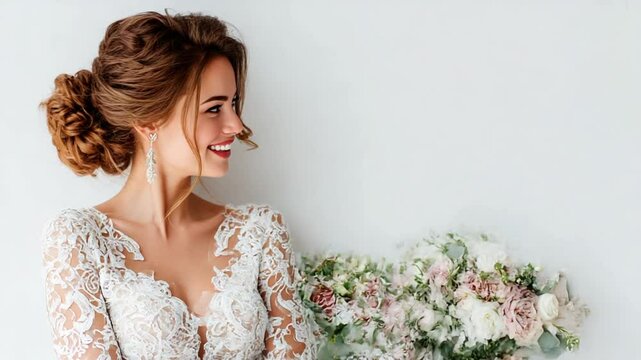 Bride smiling with bouquet in elegant setting