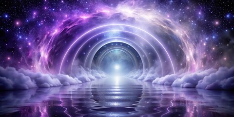 Fototapeta premium A Celestial Gateway Beckons Through a Dreamlike Nebula, Reflected in a Calm, Otherworldly Sea