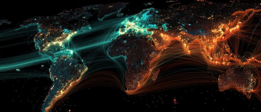 A glowing world map with dynamic shipping lines and data points, real-time e-commerce activity, futuristic network visualization, dark tech background, vibrant UI colors, high-detail cyber map design.
