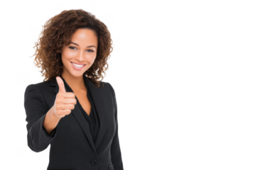 Confident woman in a professional suit giving a thumbs up. set against a clean white background. conveying positivity and success. ideal for business and motivational themes