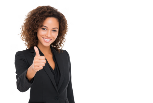Confident woman in a professional suit giving a thumbs up. set against a clean white background. conveying positivity and success. ideal for business and motivational themes