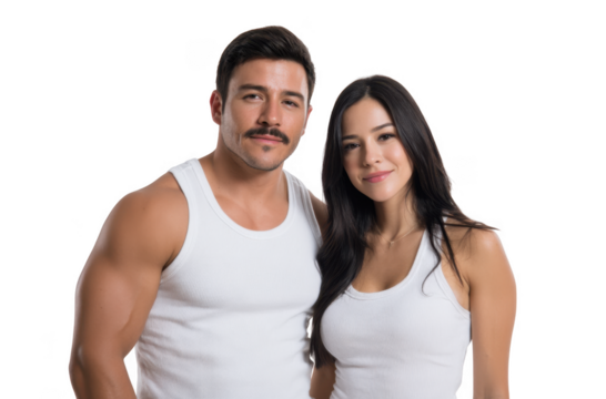 A confident couple poses together in casual white tank tops against a clean. bright background. showcasing their connection and style. ideal for lifestyle and relationship-themed content - Powered by Adobe