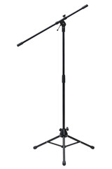 Black microphone stand with an adjustable boom arm isolated on a transparent background