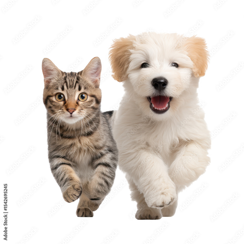 Poster a playful puppy and a curious kitten joyfully running towards the viewer. showcasing their friendshi