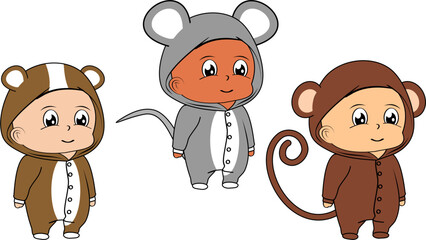 cute children wearing animal pajama cartoon in vector art