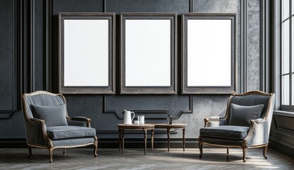 Dark, elegant room with three blank frames and armchairs