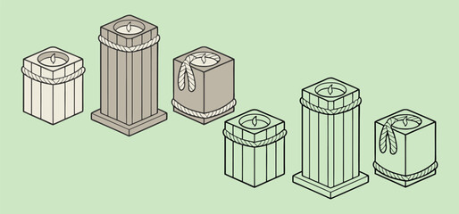 Vector illustration showcasing various candle holders with rope accents and lit candles in different artistic and decorative styles