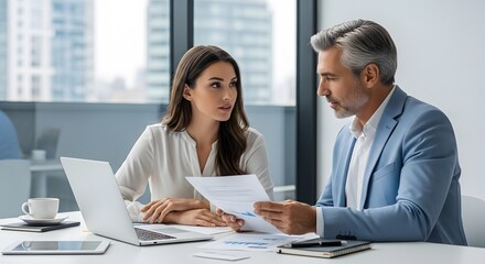 Obraz premium Business Colleagues Discussing Documents Two Professionals Collaborating in Office Financial Advisor Explaining Information to Client 