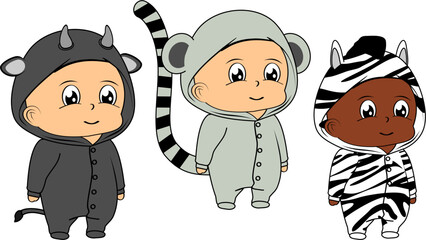 cute children wearing animal pajama cartoon in vector art