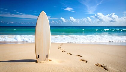 A surfboard stands upright on a sandy beach, with footprints leading towards the ocean under a bright blue sky.
