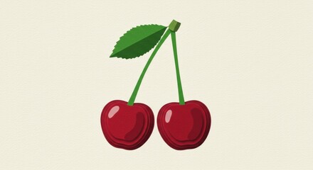 Illustration of two ripe cherries connected with green stems and a leaf on a plain background