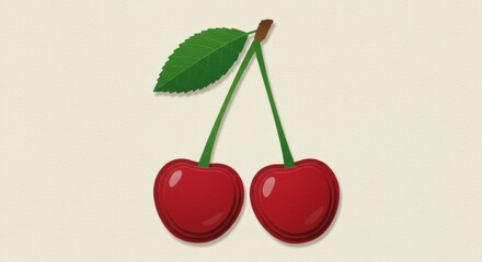 Illustration of two ripe red cherries with green stems and a single leaf on a light background