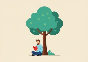 A man sits under a tree reading a book.