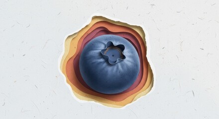 Close up of a single blueberry on layered colorful paper with textured background