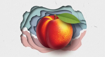3d illustration of a ripe peach fruit emerging from layered paper cutout background in pastel colors