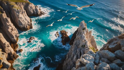 Seagulls Flying Over Rocky Coastline with Turquoise Waves Crashing Below