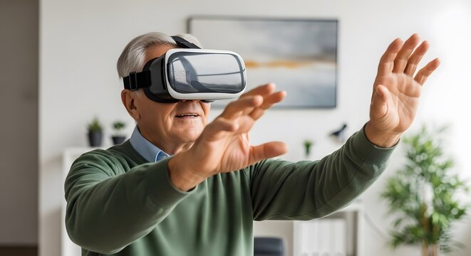 Senior Man Interacting with VR Technology Indoors  Older Adult Exploring Virtual Reality Experience  Virtual Reality & Technology