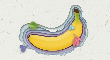 Creative layered paper art illustration of a ripe yellow banana with colorful accents and textured background