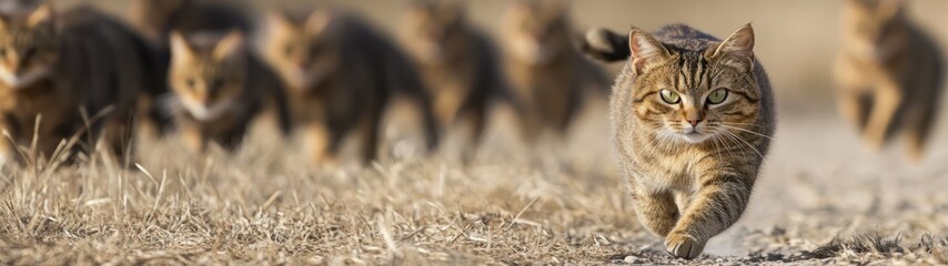 Group of cats running through tall grass.