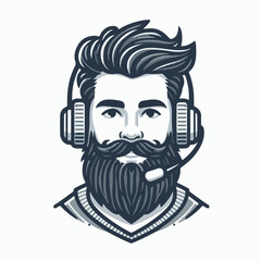 vector illustration of bearded man using earphones