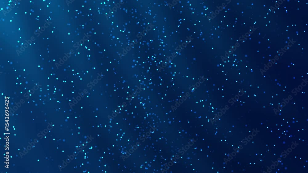 Poster glowing particles float in a deep blue background, illuminated by vertical beams of light. the effec