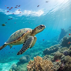 Obraz premium Majestic Green Sea Turtle Swimming in Vibrant Coral Reef Underwater Scene