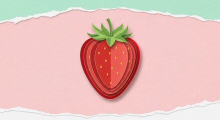 Illustration of a layered paper cut strawberry with vibrant colors on torn paper background