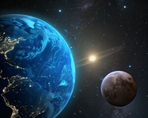 Obraz premium Stunning View of Earth Moon and Sun from Space Celestial Bodies Night Lights Galaxy