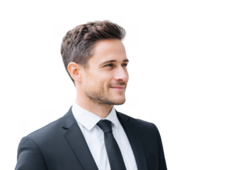 A confident young man in a tailored suit stands against a minimalist background. exuding professionalism and approachability. ideal for corporate or business-related themes