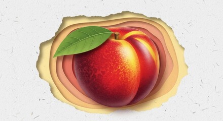 Realistic digital illustration of a juicy red peach with a green leaf on layered paper background
