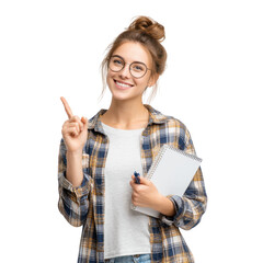 A young woman with glasses smiles while holding a notebook and pen. standing against a plain white background. conveying a sense of inspiration and creativity for educational or professional use