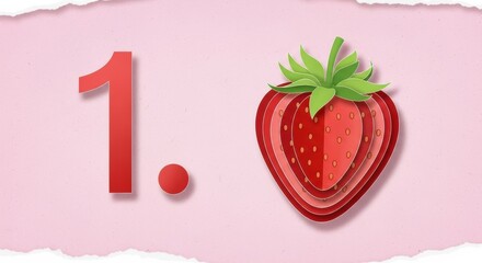 Creative layered strawberry design next to red number one on pink background