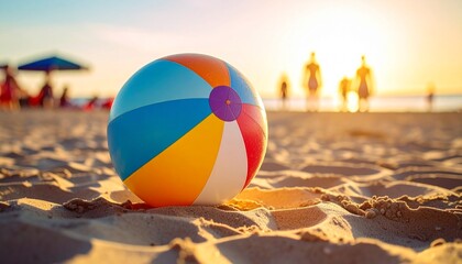 A colorful beach ball rests on sand with blurred figures and sunset.