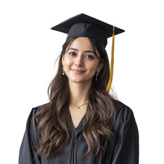 A proud graduate wearing a black cap and gown. smiling confidently at the camera. with a neutral background that highlights her achievement. suitable for educational or celebratory themes