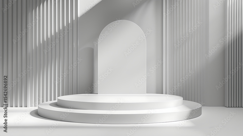 Poster a minimalist white podium stands in a studio setting with geometric shapes and vertical stripes crea