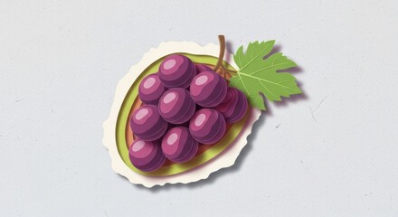 Close up illustration of a bunch of ripe purple grapes with a green leaf on a light background