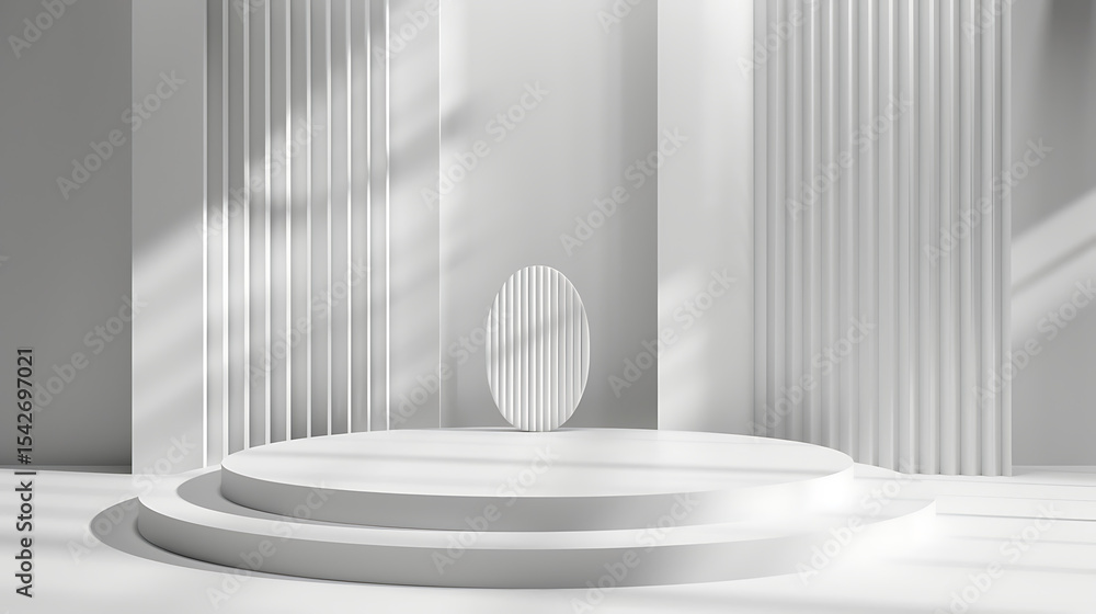 Poster minimalist white podium with geometric shapes and sunlight creating shadows for product display isol