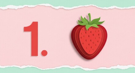 Red number one with a layered paper cutout strawberry on a pink torn paper background