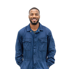 A smiling man wearing a blue work jumpsuit stands confidently against a plain white background. showcasing a casual yet professional demeanor. ideal for employment or personal branding imagery