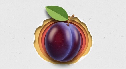 Realistic digital illustration of a ripe plum fruit with green leaf against layered paper cut background