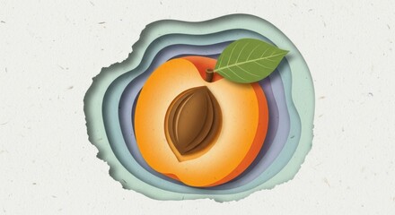 Illustration of a stylized apricot with a leaf and seed in layered paper cutout style
