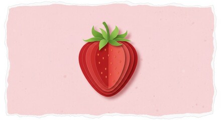 Layered paper art style strawberry illustration with green leaves on soft pink background
