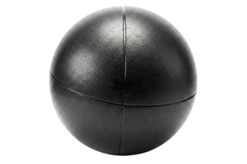Textured black spherical object with visible seams isolated on a transparent background