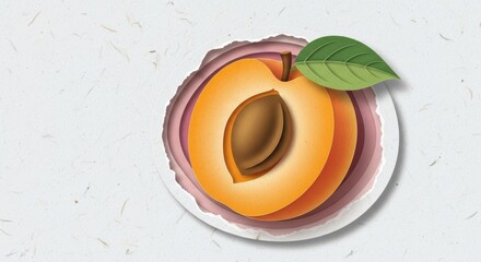 Illustration of a ripe peach fruit with seed and leaf on white textured background