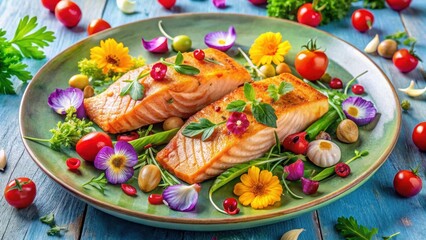 Gourmet Pan-Seared Salmon Filets, Delicately Presented on a Vibrant Green Plate with an Array of Edible Flowers and Fresh Herbs