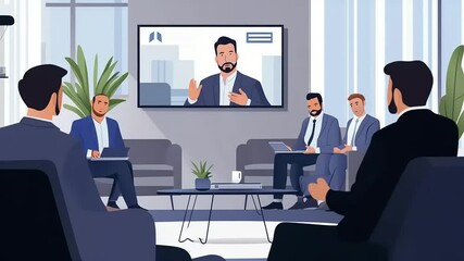 Virtual business meeting in a modern office with professionals discussing strategies via video call - Powered by Adobe