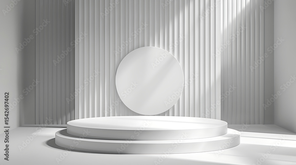 Poster a minimalist white podium stands in a bright studio with vertical lines and a circular backdrop crea