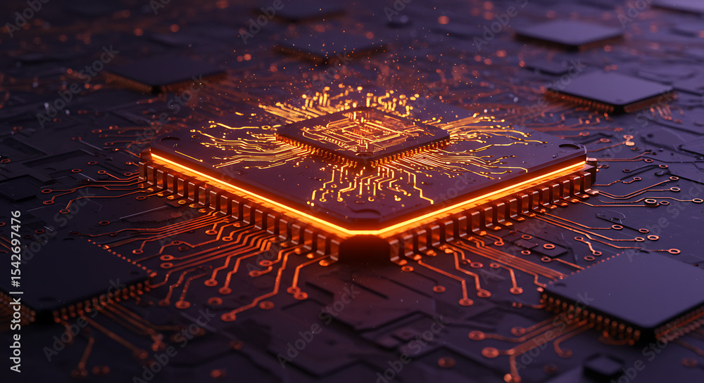 Poster central processing unit: close-up view of a central processing unit (cpu) glowing with an orange lig