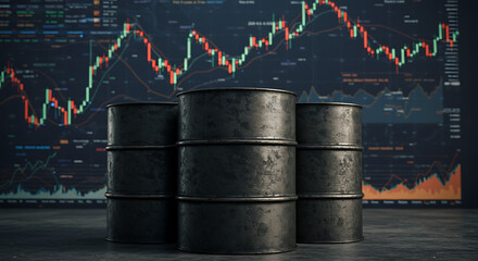 Oil Price Volatility: Crude oil barrels sit before a fluctuating stock market graph, symbolizing the instability and uncertainty of the global energy market.