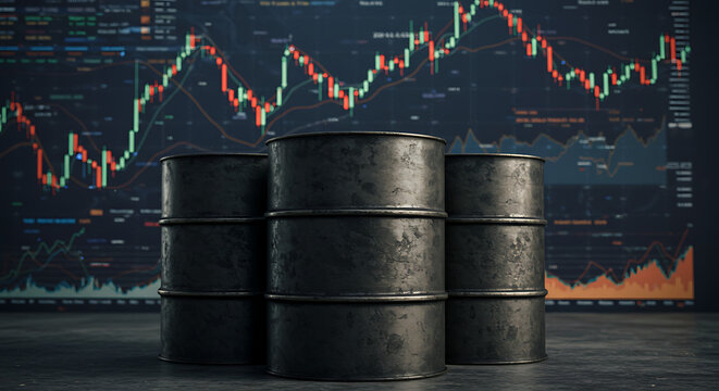 Oil Price Volatility: Crude oil barrels sit before a fluctuating stock market graph, symbolizing the instability and uncertainty of the global energy market.